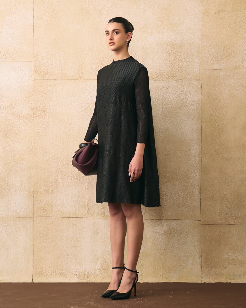 Black Textured A-Line Knee-Length Dress with Sheer Sleeves