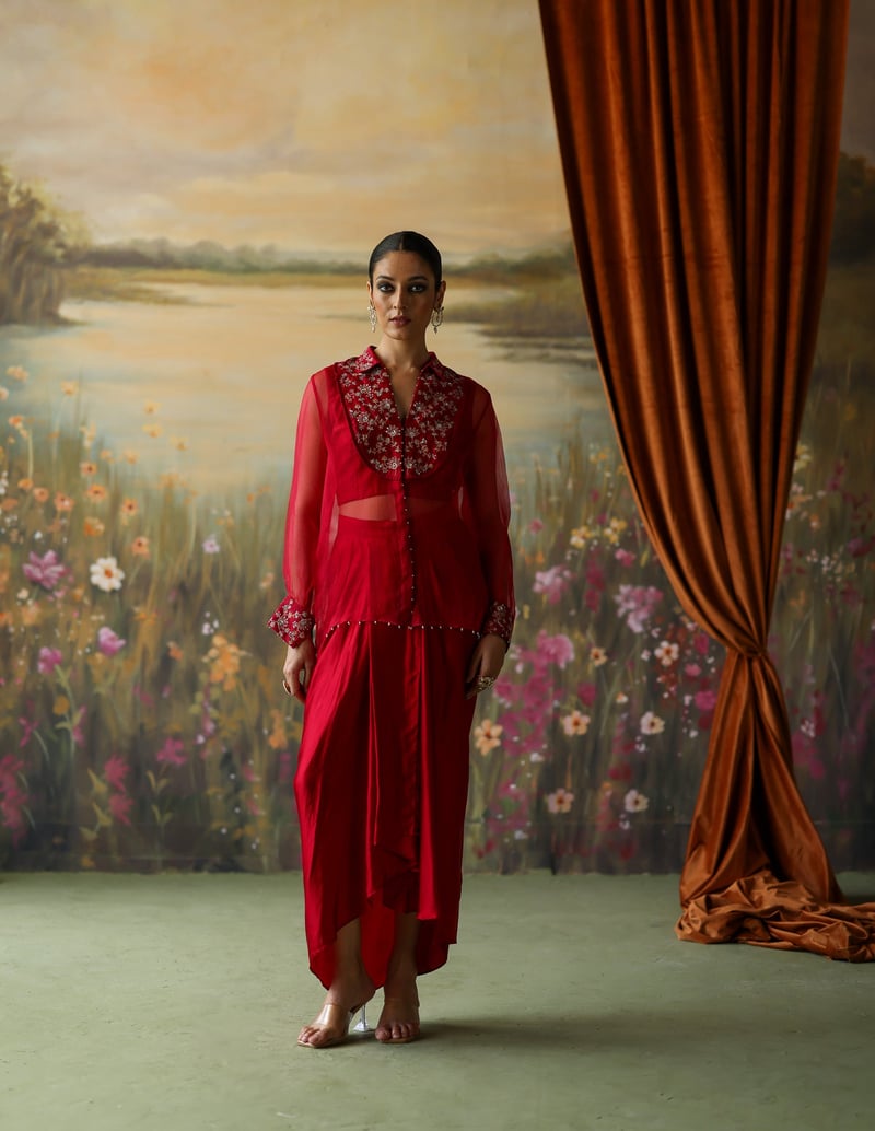 Scarlet Embroidered Organza Shirt and Draped Skirt Co-ord Set