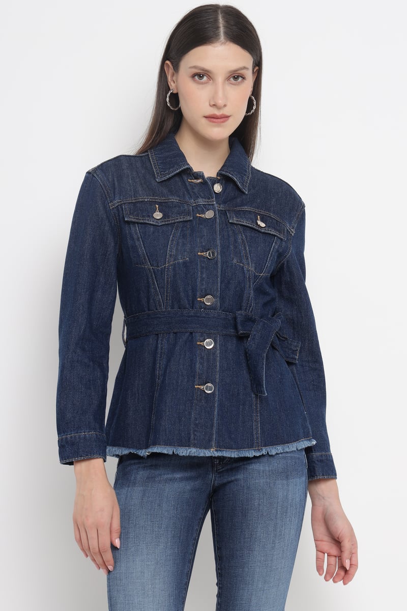 Blue Denim Belted Button-Through Blouse