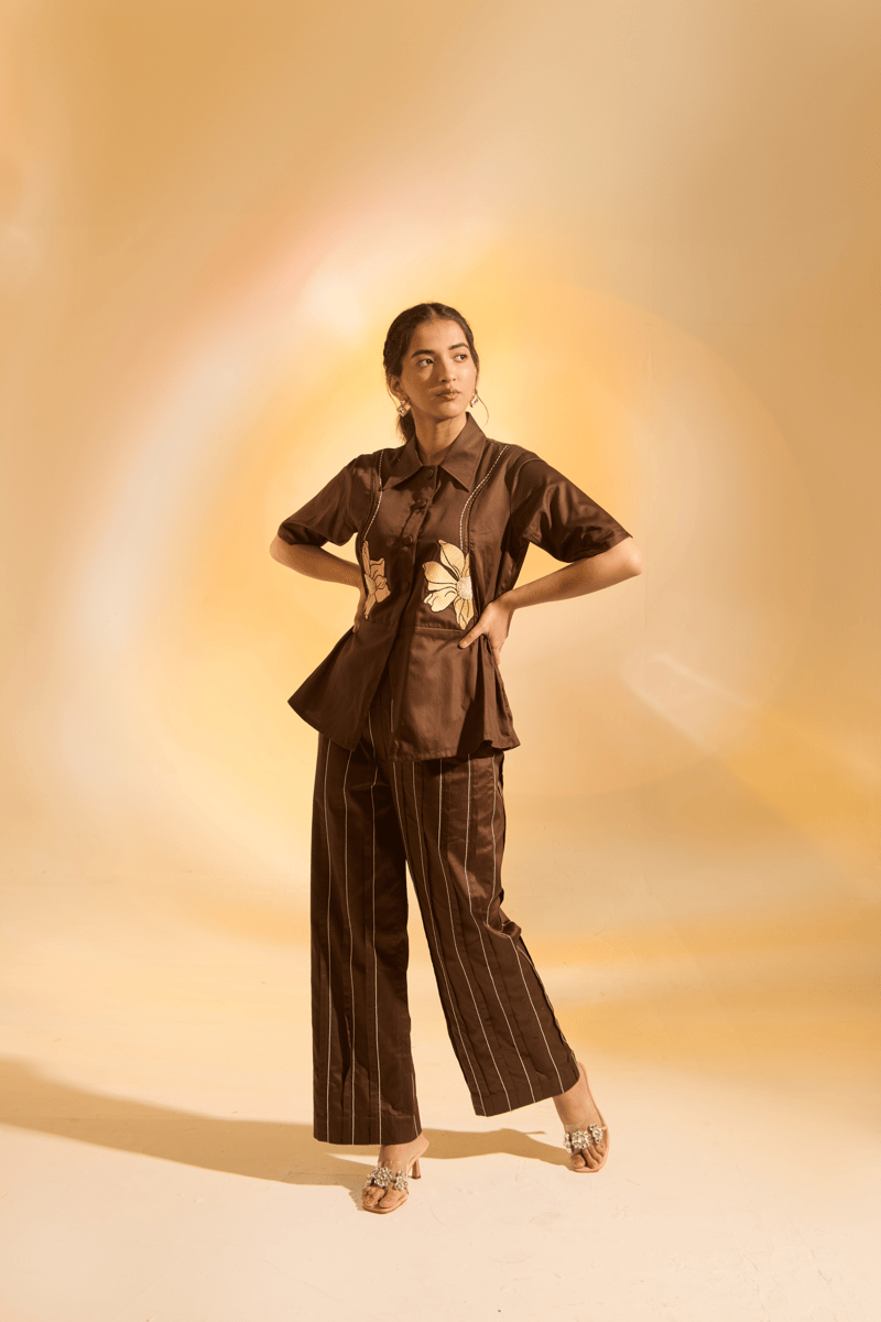 Brown Cotton Satin Embroidered Shirt and Pants Co-ord Set — An'era by Asmita Verma