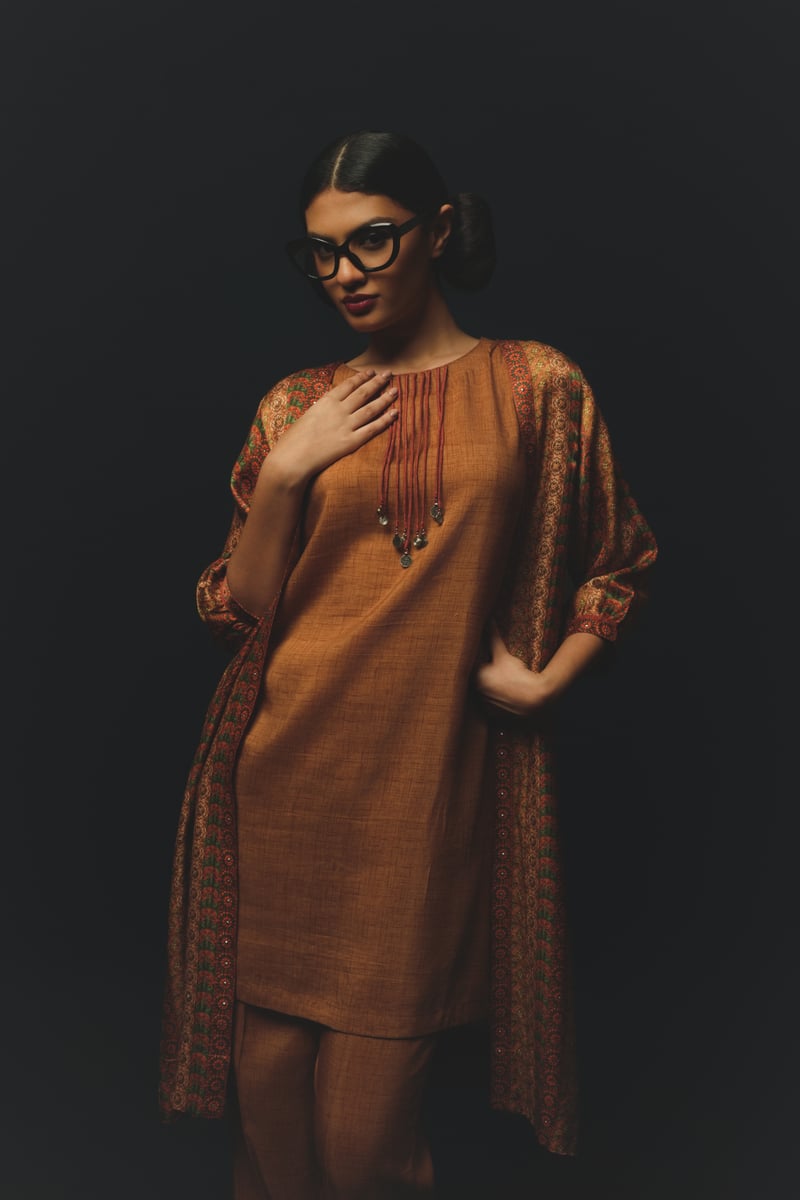 Tan Co-ord Set with Printed Overlay and Tapered Pants