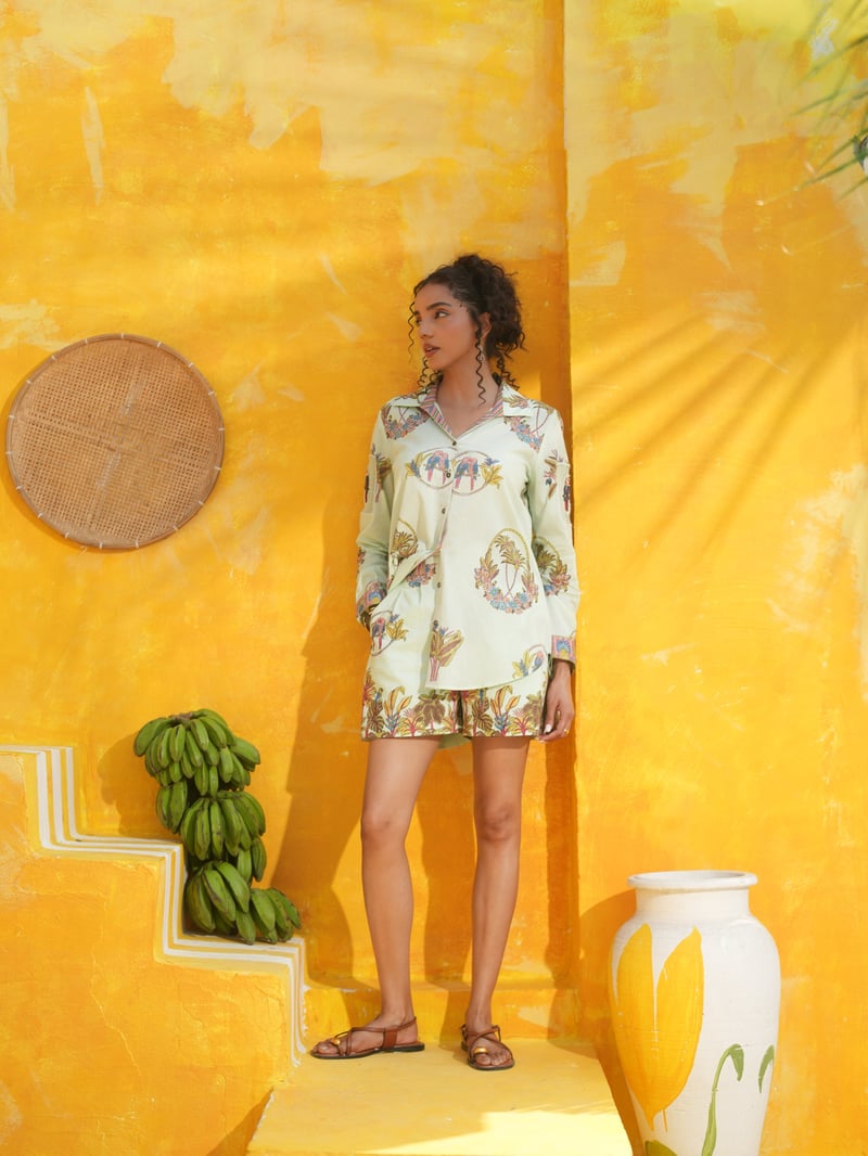 Cool Mint Tropical Printed Cotton Button-Down Shirt