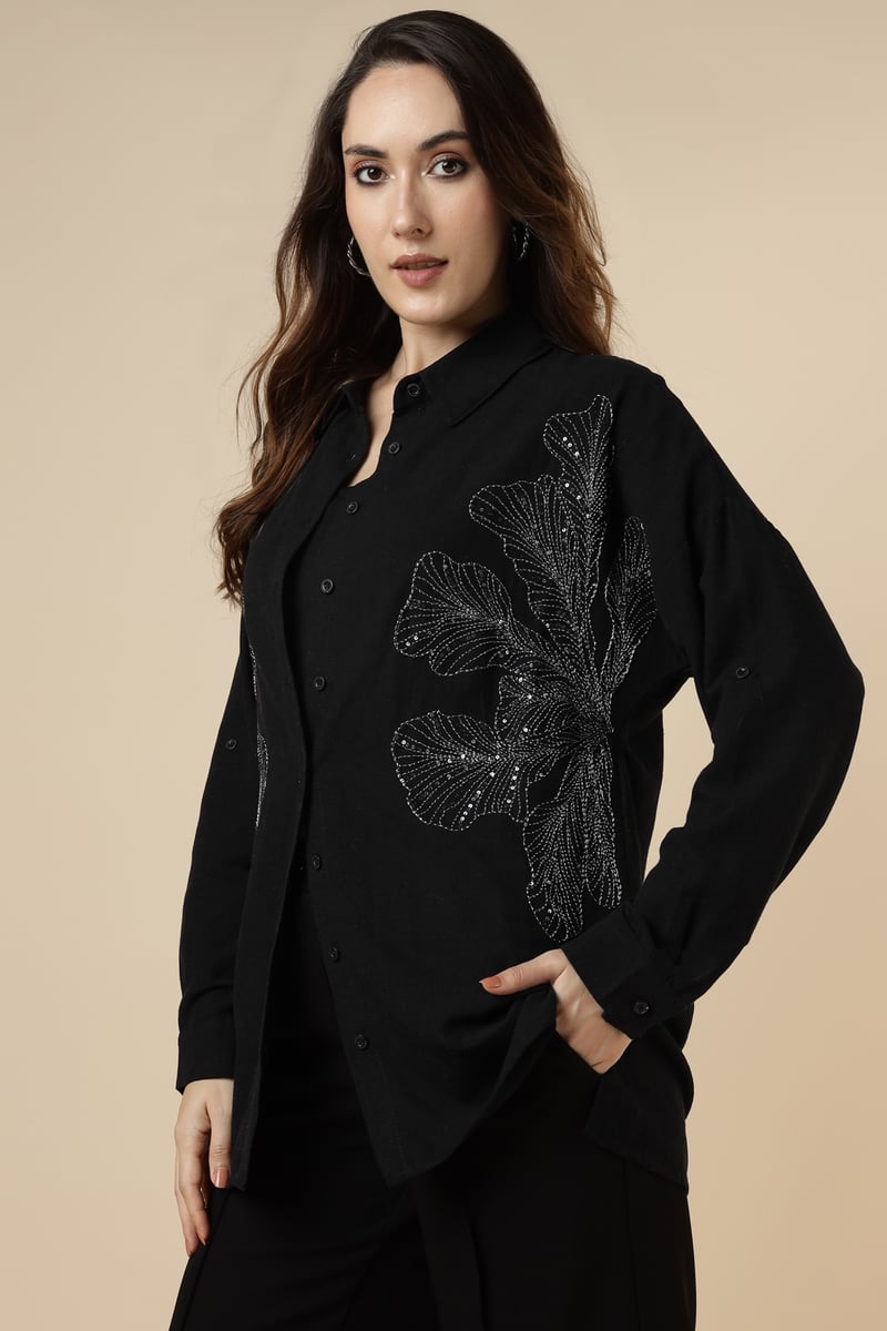 Black Longline Shirt with Silver Sequin Motifs