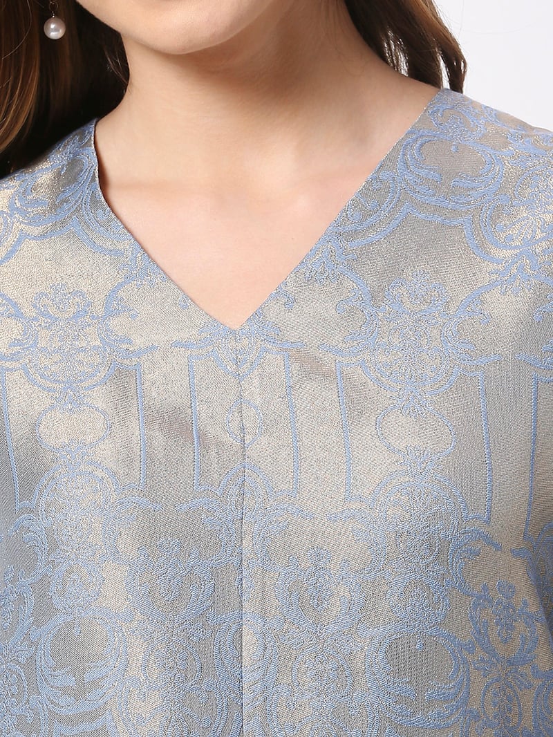 Blue Metallic Brocade Tunic Midi Dress