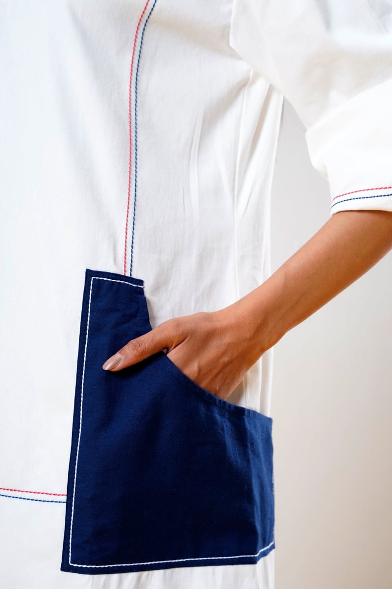 White Denim Mini Shirt Dress with Contrast Patch Pocket