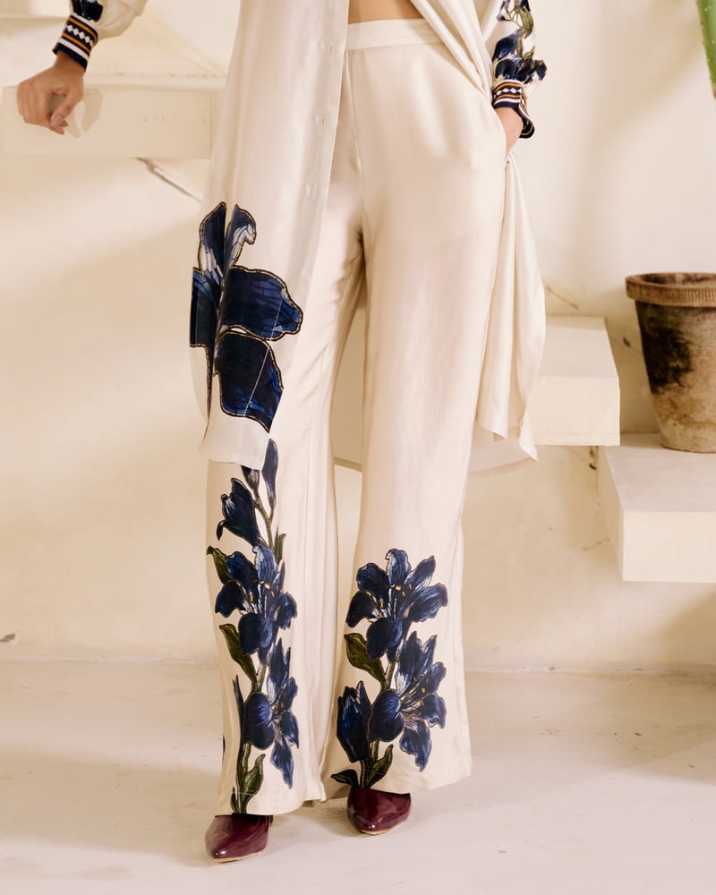 Beige High-Waist Wide-Leg Satin Trousers with Floral Print