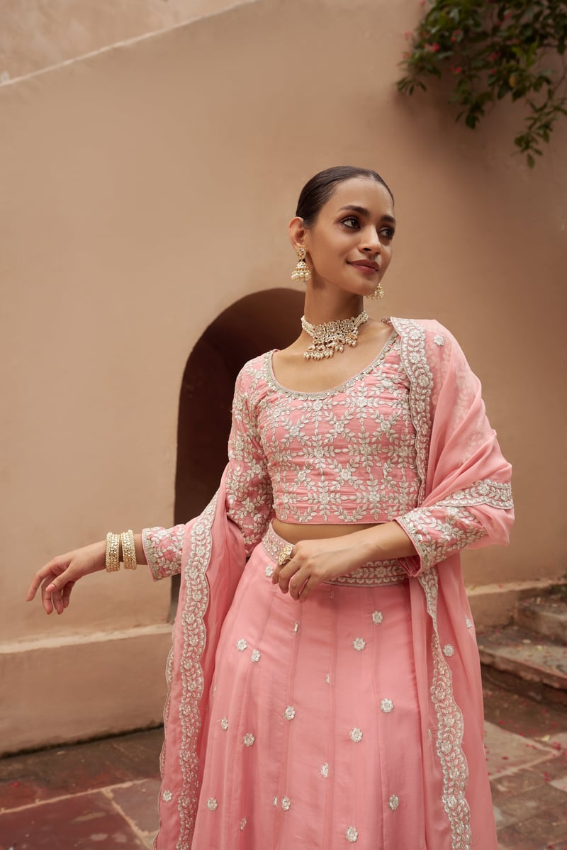Pink Organza Embroidered Lehenga Set with Dupatta