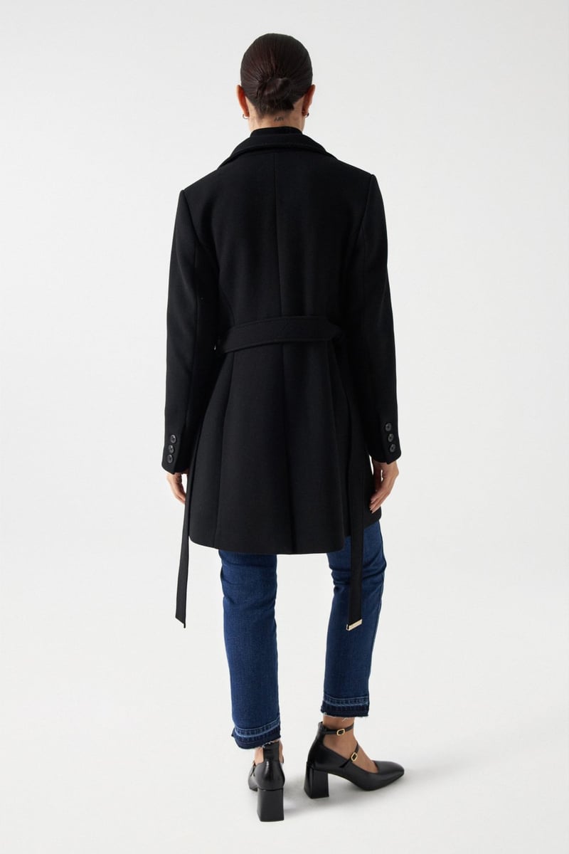 Black Tailored Wool-Blend Belted Coat