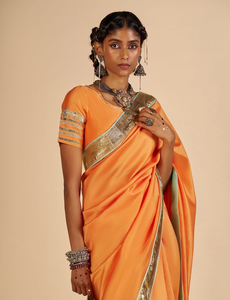 Orange Silk Chanderi Saree with Aqua Pallu and Gota Border