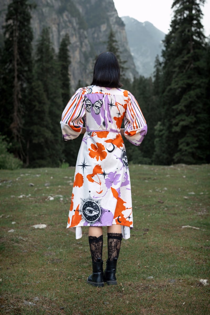 White Orange Printed Recycled Cotton Midi Dress