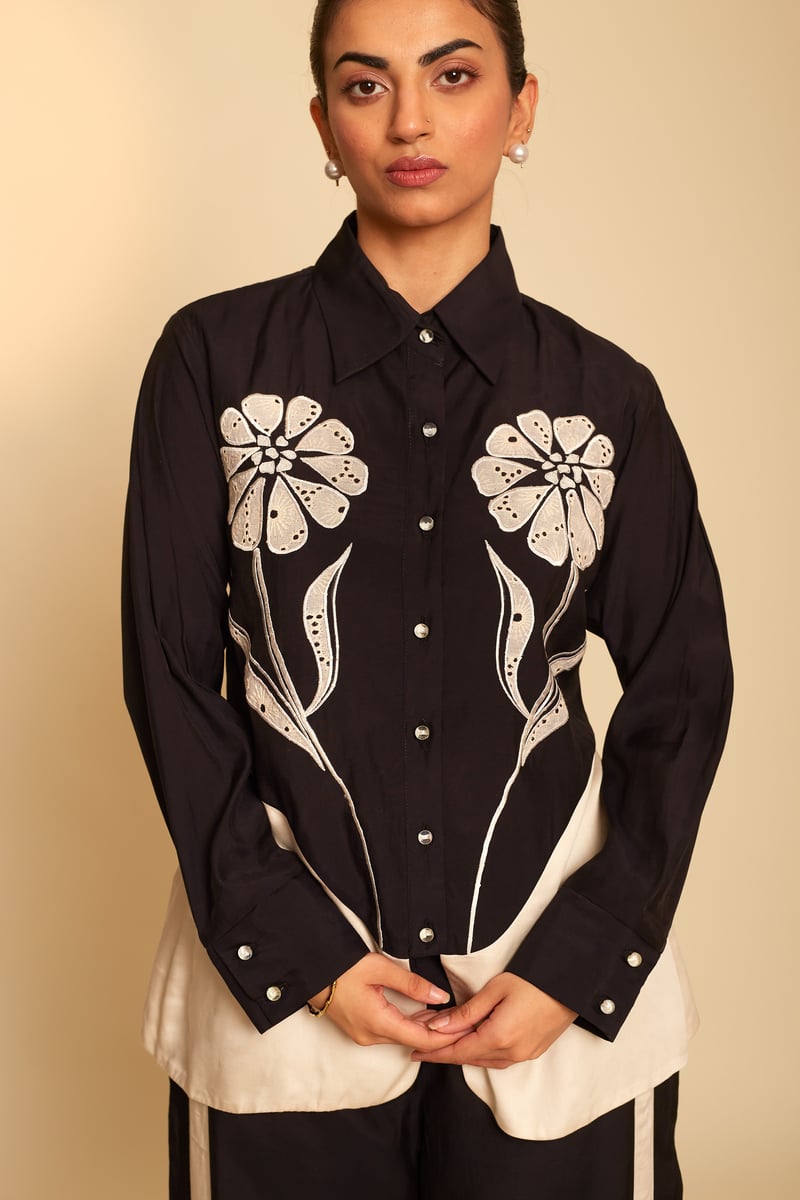 Black and Cream Embroidered Shirt and Pants Co-ord Set