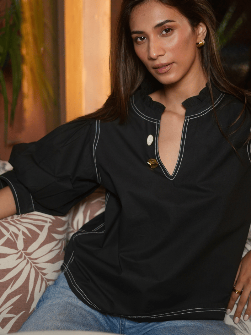 Charcoal Cotton Poplin Puff Sleeve Top with Button Detail