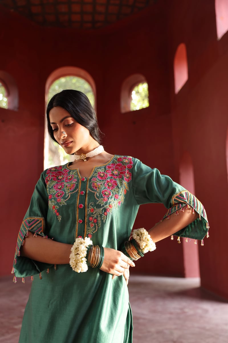 Floral Embroidered Suit Set Green