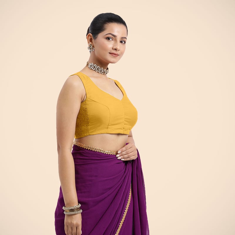 Marigold Yellow Sleeveless V-Neck Front Open Saree Blouse