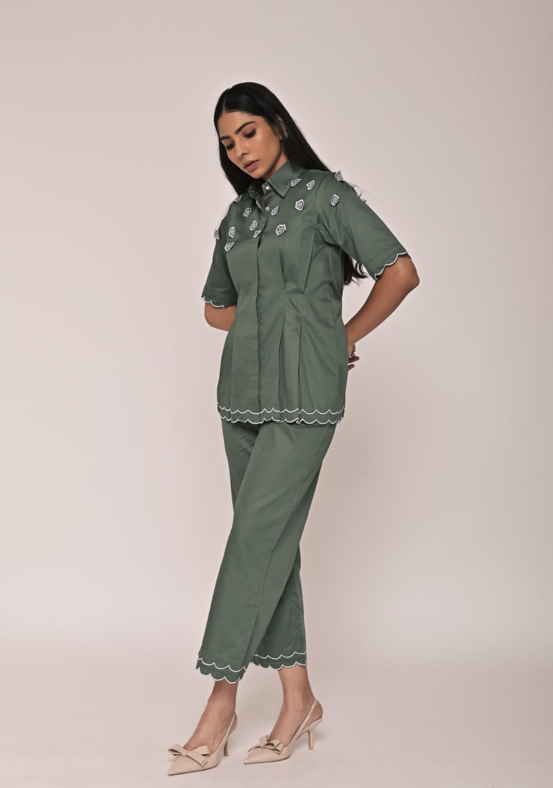 Light Green Scallop Hem Shirt and Wide-Leg Pants Co-ord Set