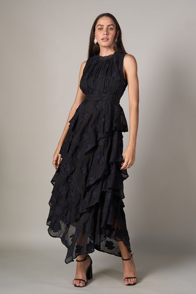 Black Jacquard Tiered Maxi Dress