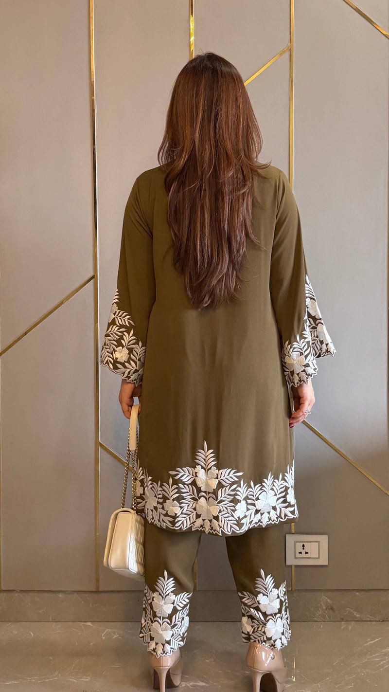 Olive Embroidered Kurta and Pant Co-ord Set