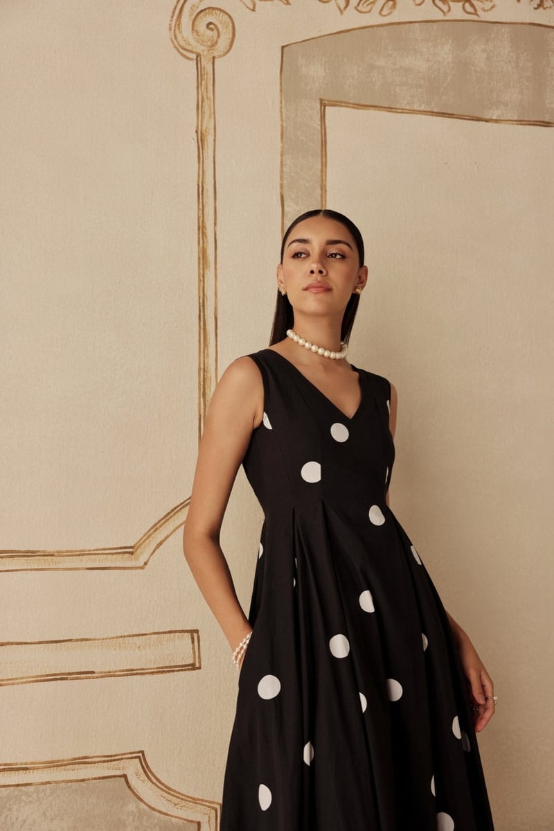 Black and White Polka Dot Fit and Flare Maxi Dress