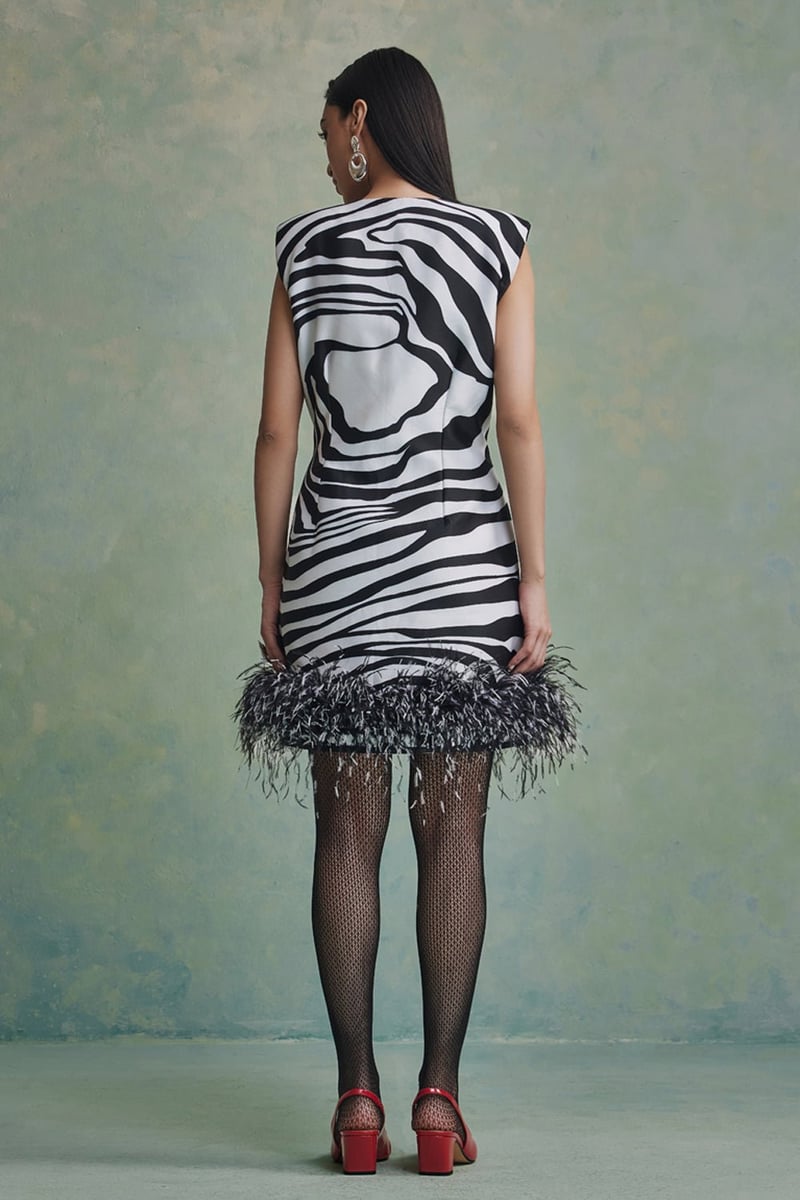 Black and White Zebra Print Mini Dress with Detachable Cape
