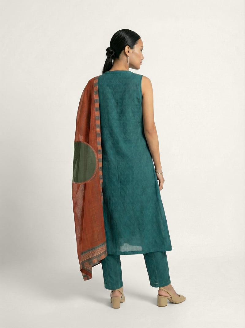 Teal Straight Muslin Silk Kurta Set with Dupatta