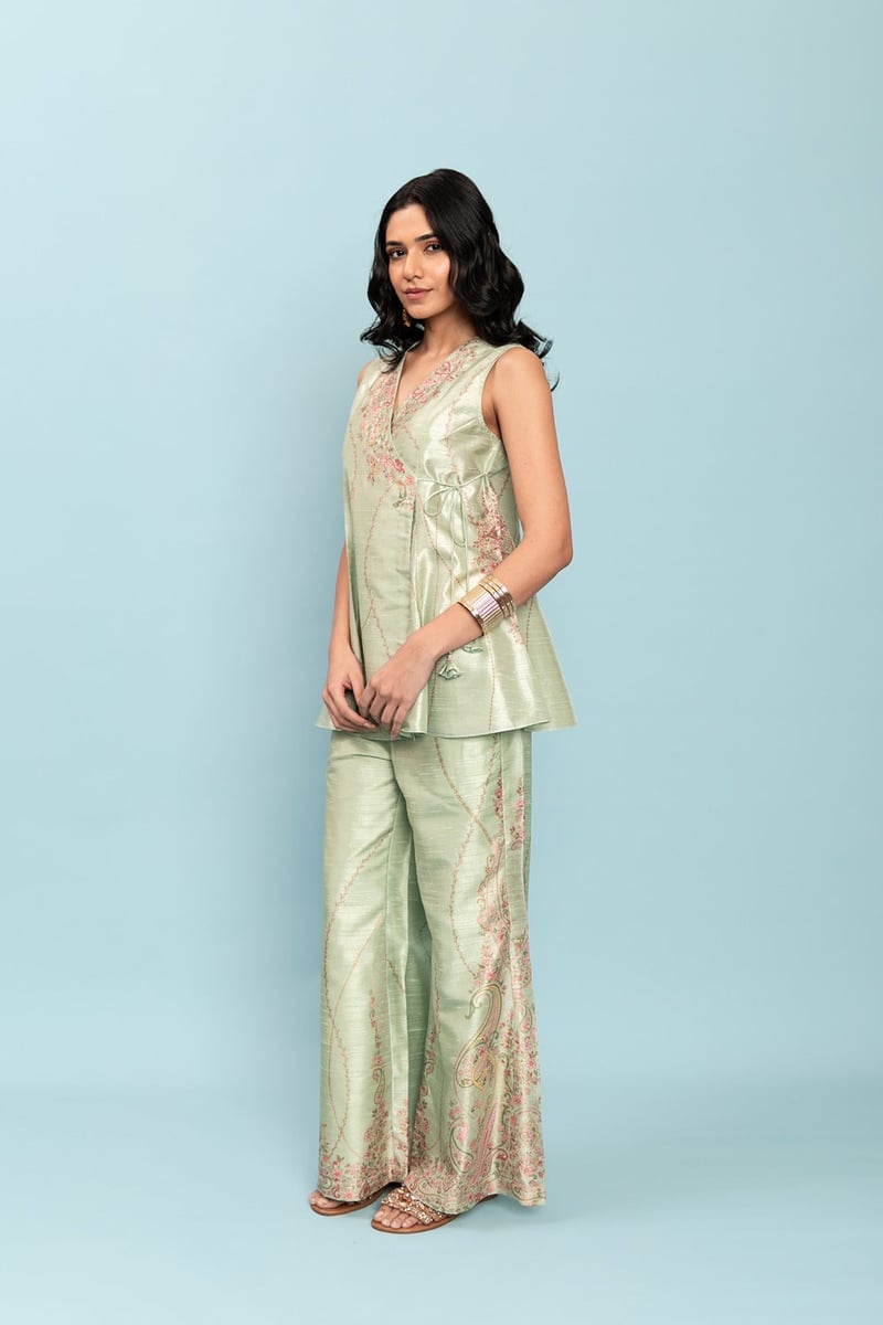 Mint Green Wrap Tunic and Wide-Leg Pants Co-ord Set