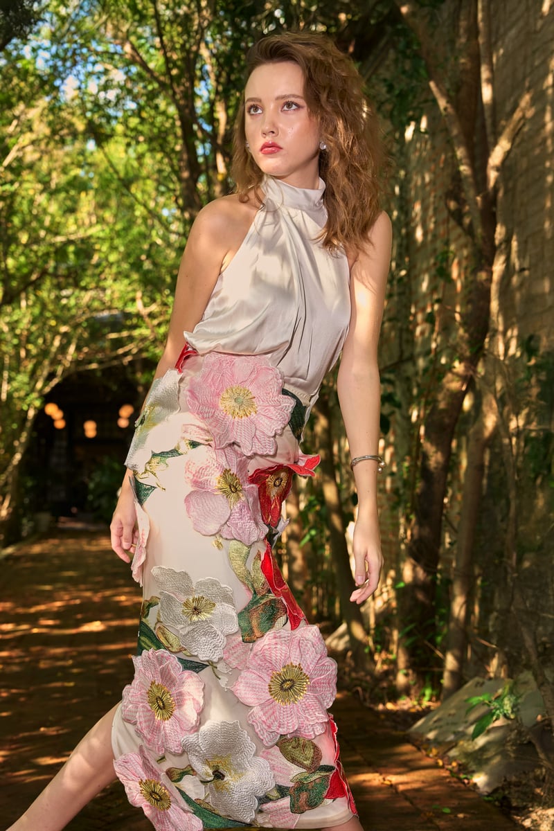 Ivory Satin Halter Top and 3D Floral Midi Skirt Co-ord Set
