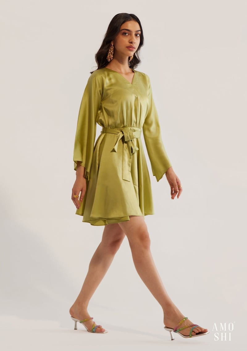 Pear Green Satin Fit and Flare Mini Dress with Belt