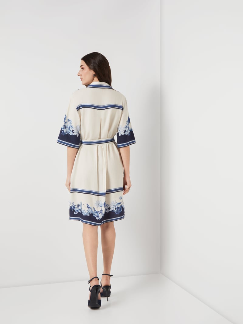 Cream and Navy Colorblock Floral Belted Shirt Dress