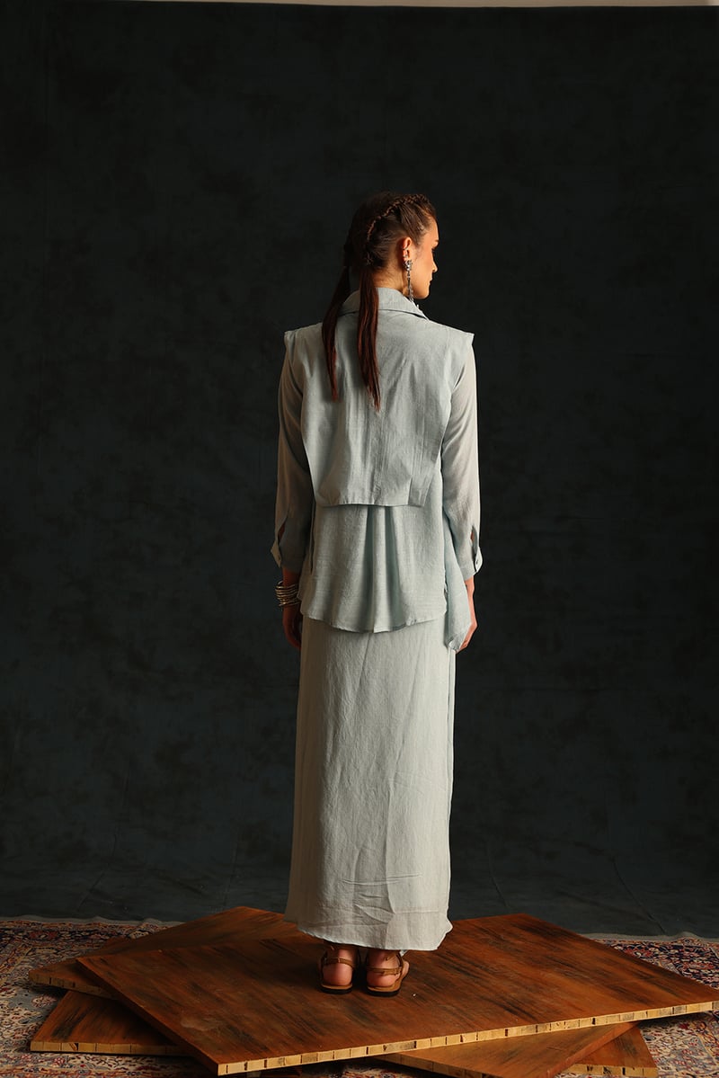 Light Blue Shirt, Waistcoat and Draped Skirt Co-ord Set