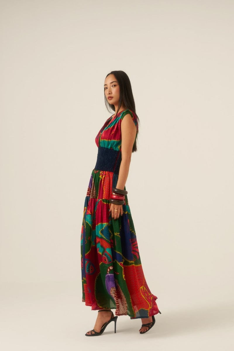 Multicolor Abstract Printed Tiered Smocked Waist Maxi Dress