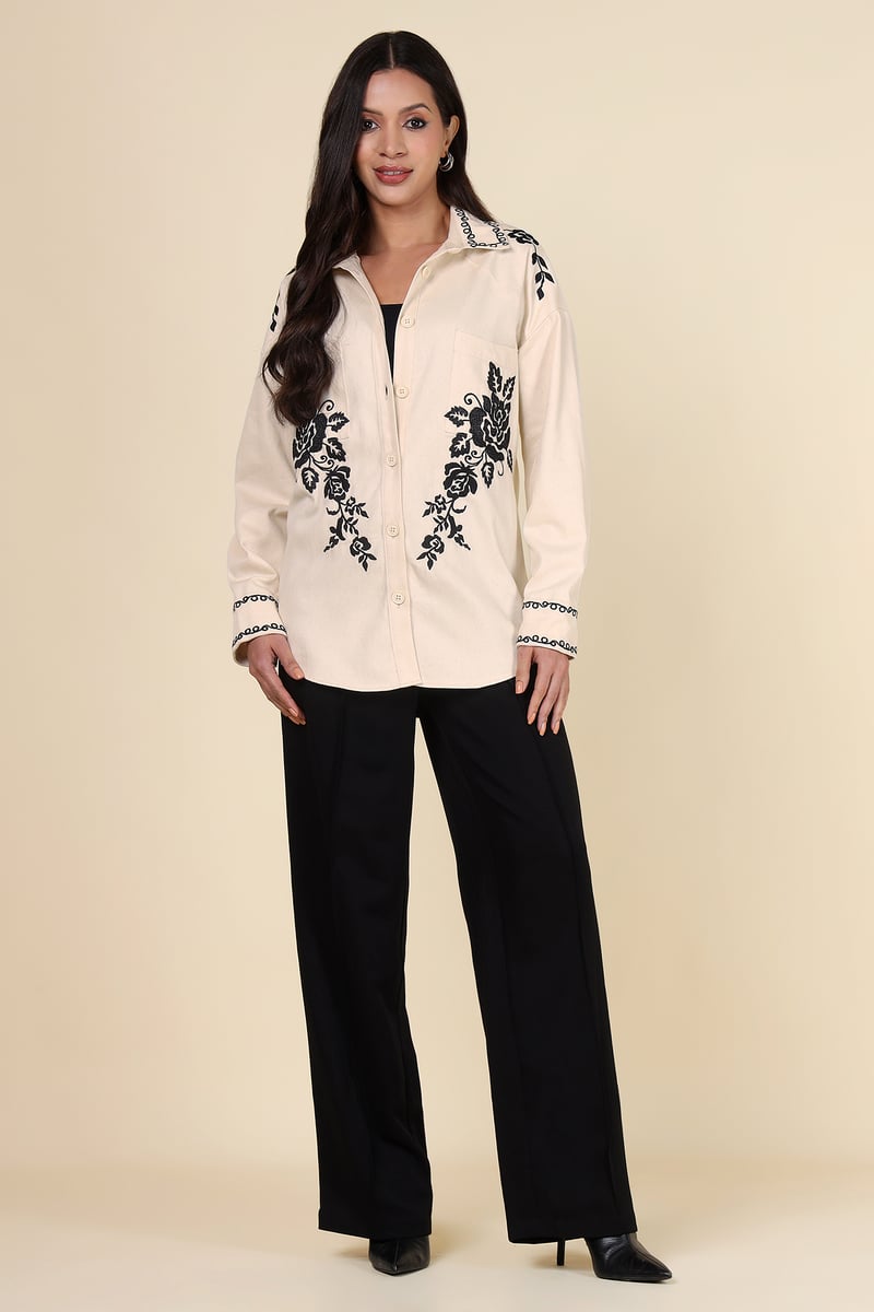 Natural Ivory Button-Down Shirt with Black Floral Motifs