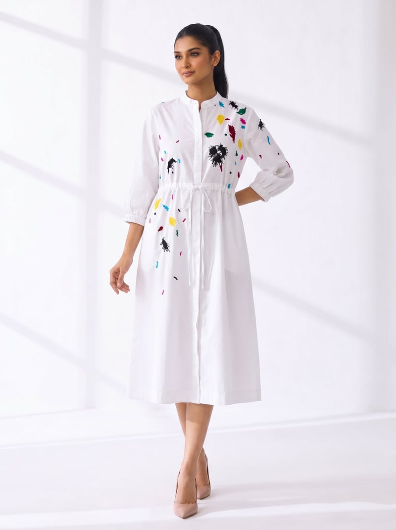 White Abstract Print Midi Shirt Dress with Waist Tie — Ang-sa