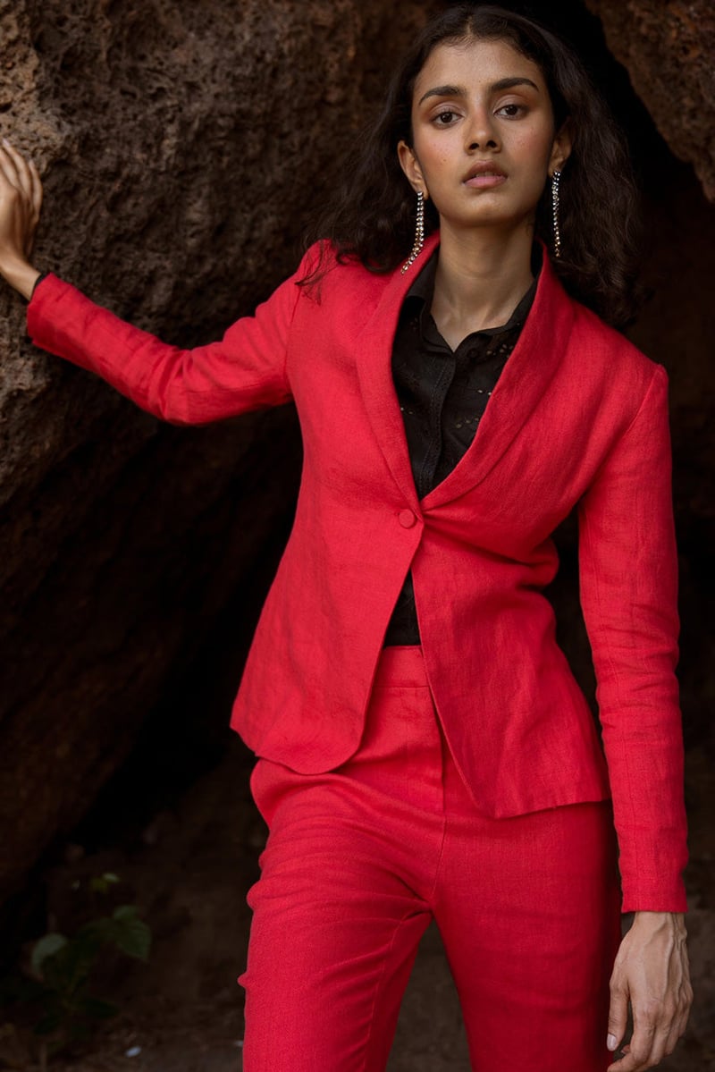 Red Linen Shawl Lapel Single-Button Tailored Blazer