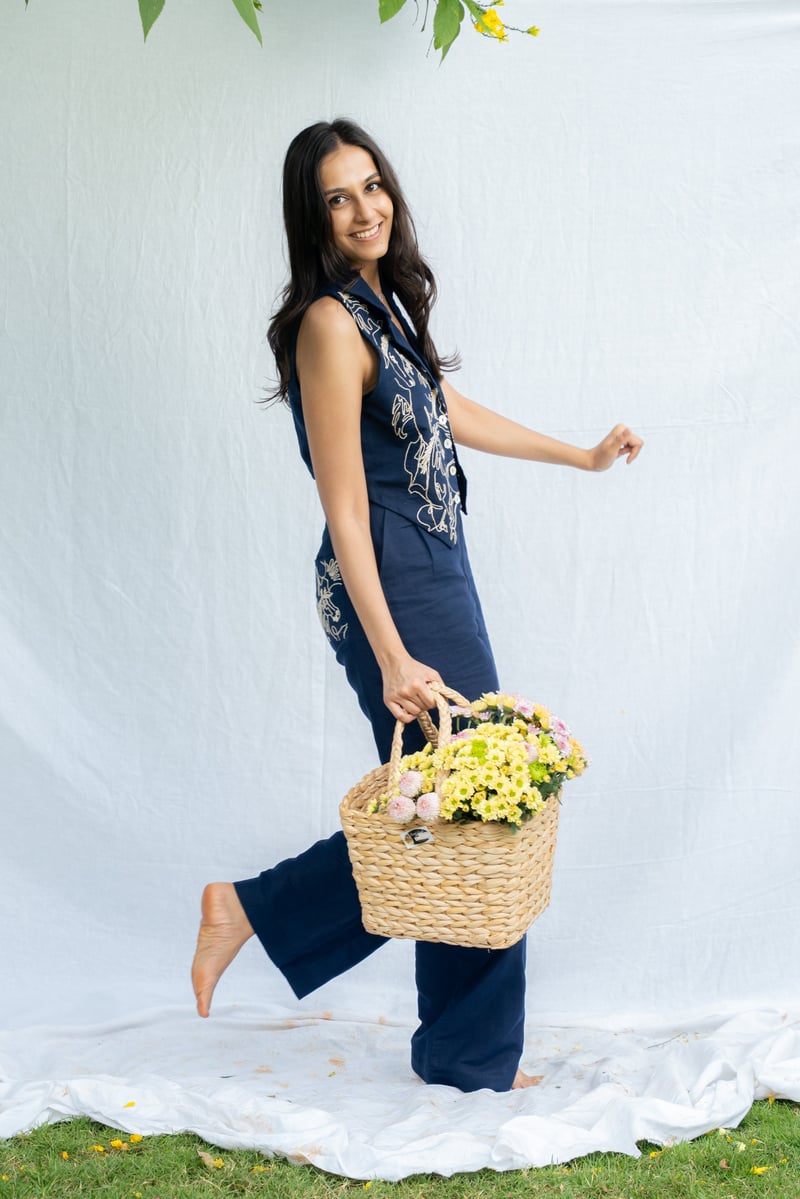 Inkwell Navy Linen Cropped Vest with Horse Embroidery