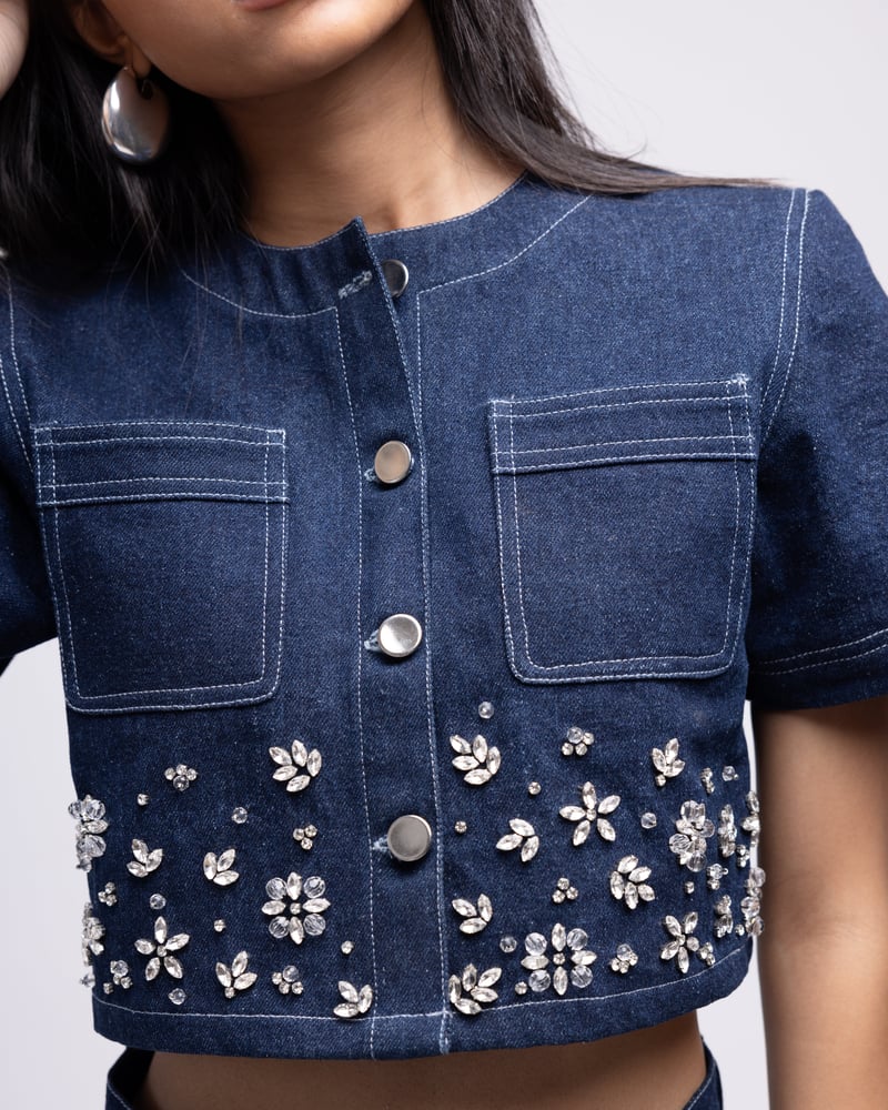 Dark Blue Crystal-Embellished Cropped Denim Top