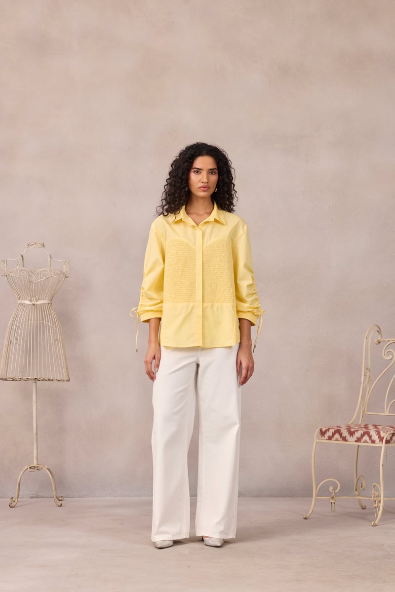 Lemon Sorbet Smocked Poplin Shirt with Ruched Sleeves