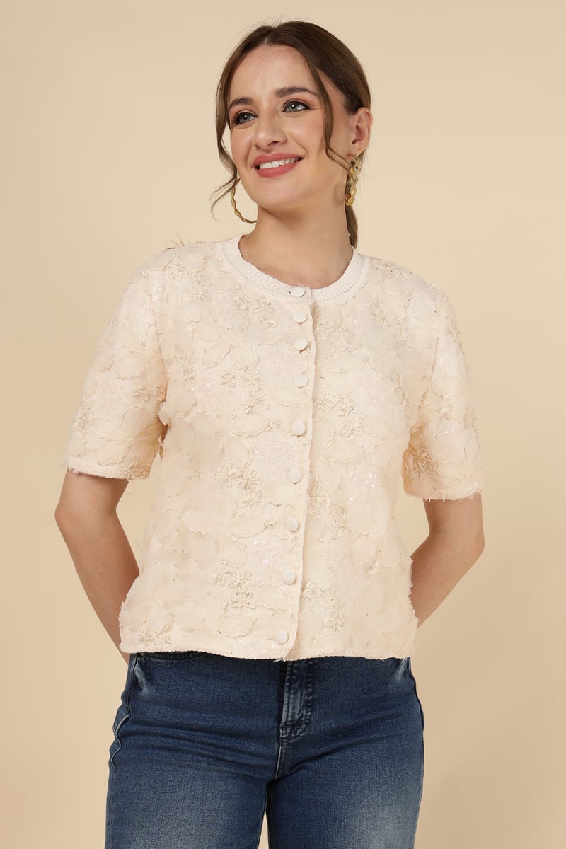 Beige Floral Textured Button-Front Cardigan