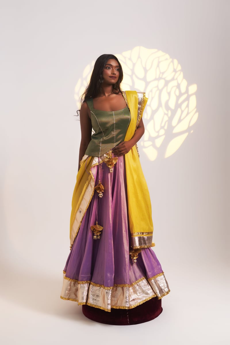 Tri-Colour Tissue Chanderi Lehenga Set with Gota Border — Gotta Kinari