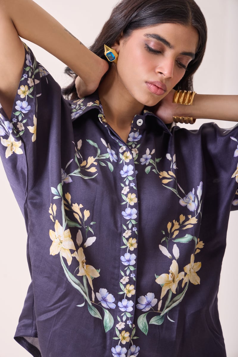 Navy Linen Satin Floral Placement Print Shirt