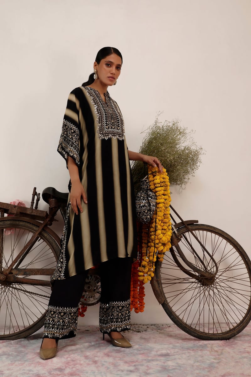 Black and Beige Striped Embellished Kaftan Kurta Set