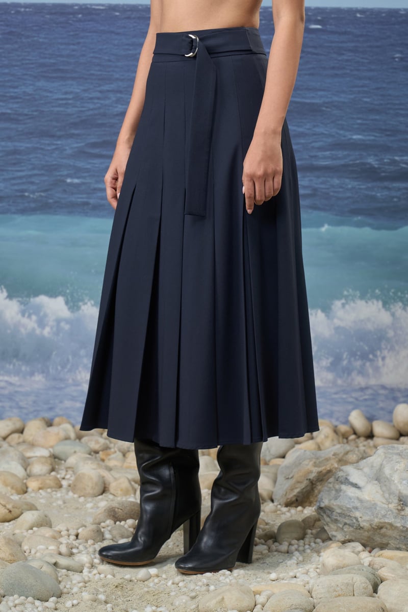 Navy High-Waist Pleated Midi Skirt with Belt Detail