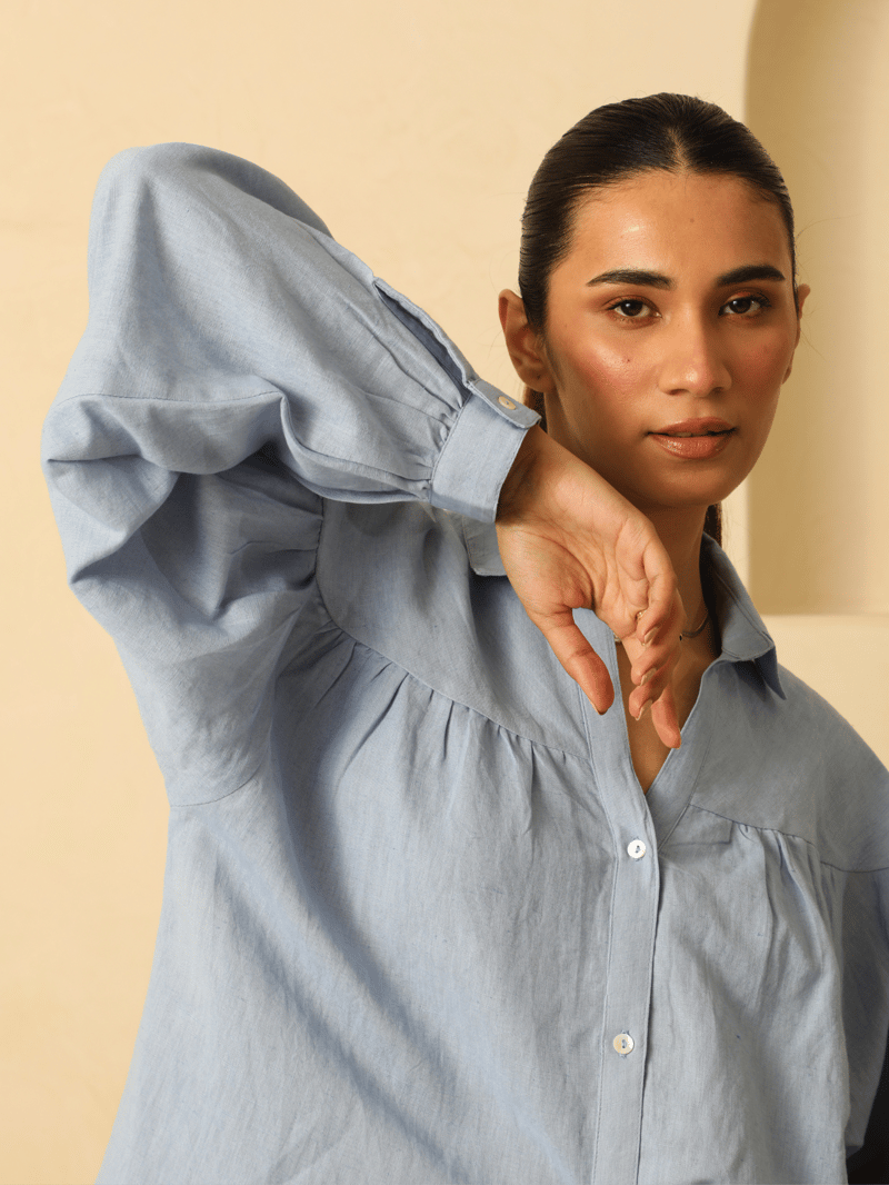 Powder Blue Linen-Blend Oversized Shirt and Pants Co-ord