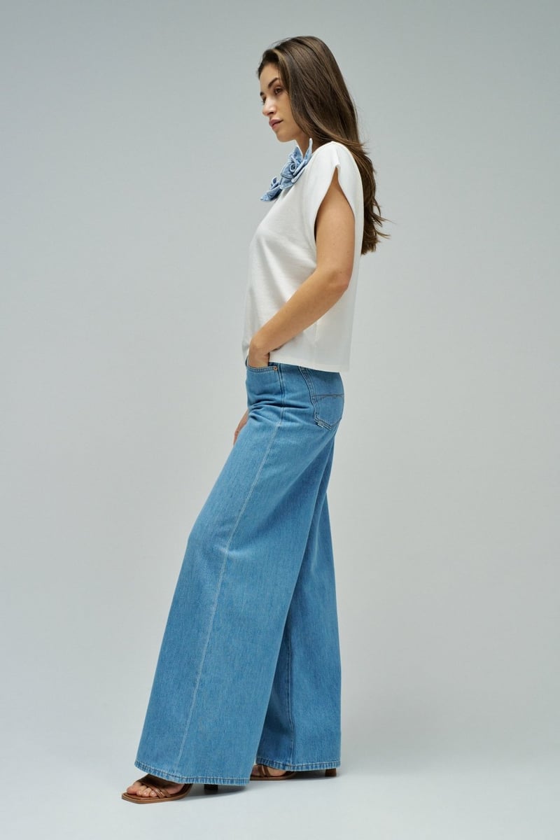 White Cotton T-Shirt with Denim Floral Applique