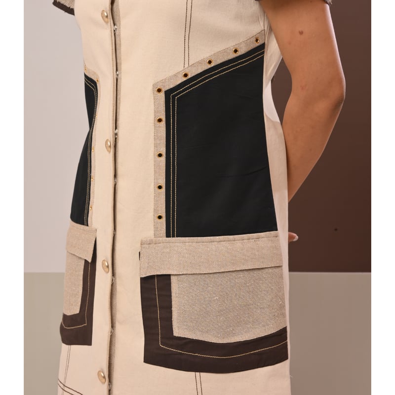 Beige and Black Colorblock Utility Shirt Dress