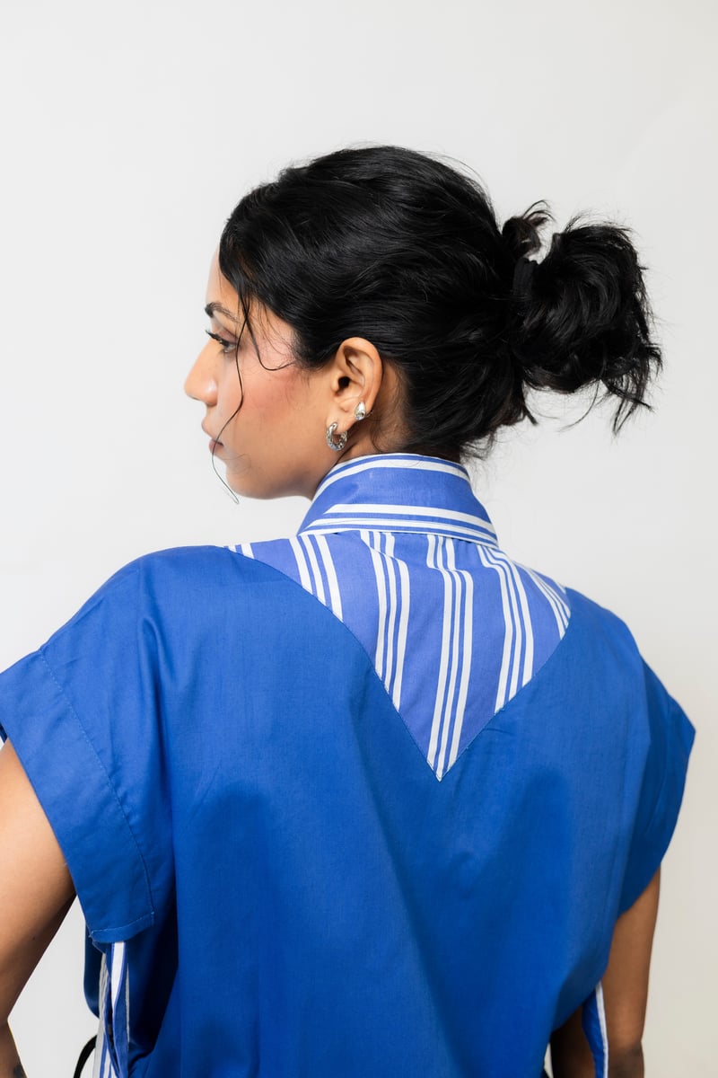 Blue Cotton Mini Shirt Dress with Adjustable Cinch Waist