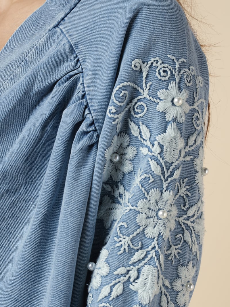 Light Blue Denim-Look Embroidered Longline Jacket