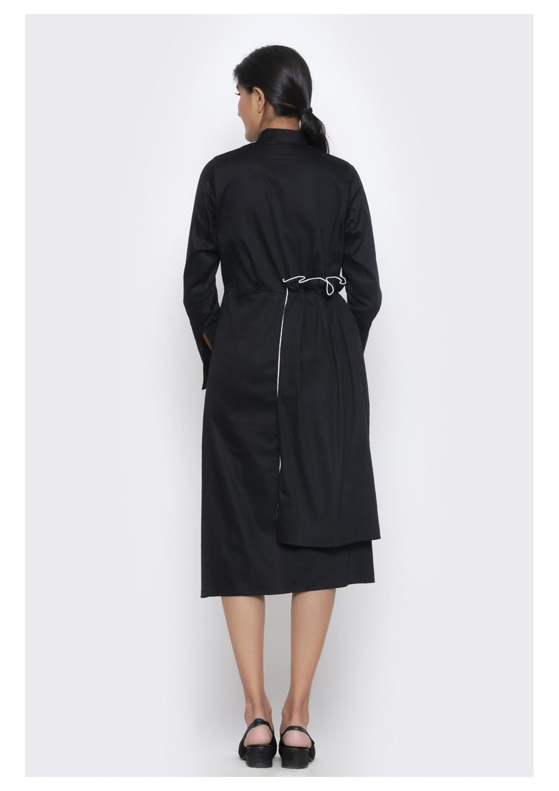 Black Cotton Satin Asymmetrical Midi Shirt Dress