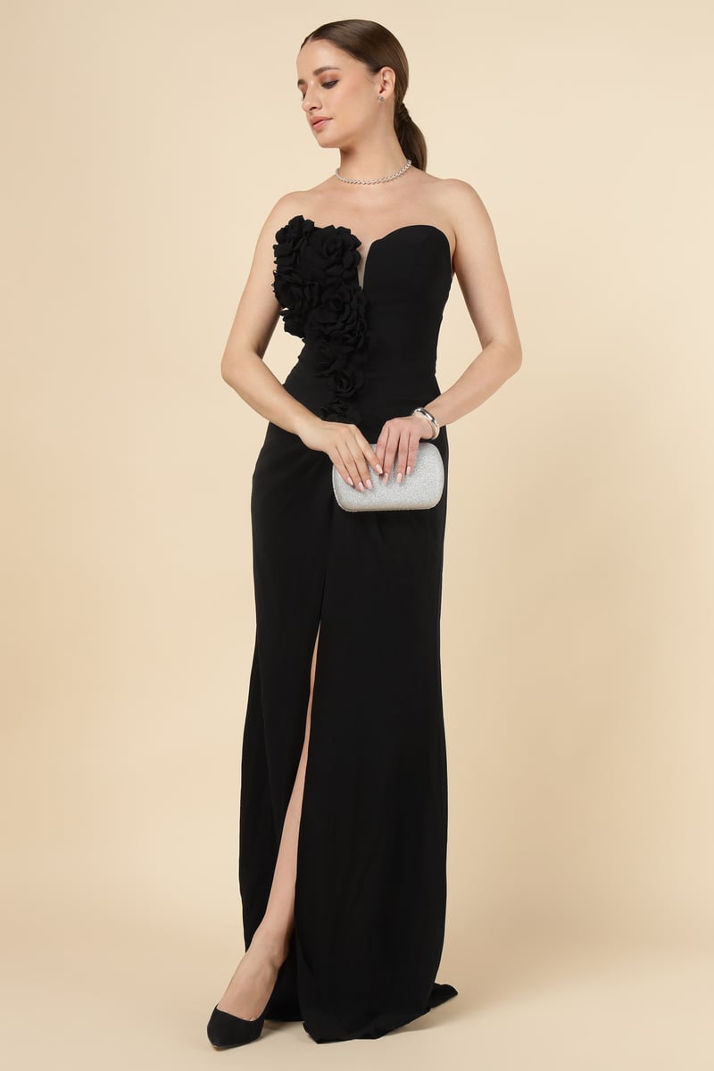 Black Strapless Sweetheart Maxi Gown with 3D Floral Applique