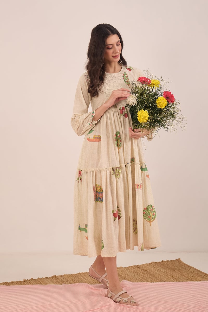 Cream Cotton Scenic Print Tiered Midi Dress