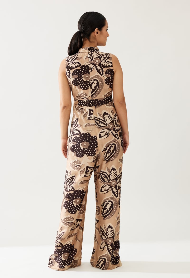 Cream And Dark Brown Floral Bow Tie Jumpsuit